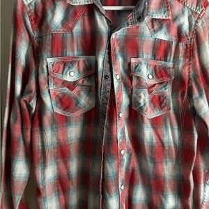 BKE Red and White Plaid Casual Button-Down Shirt